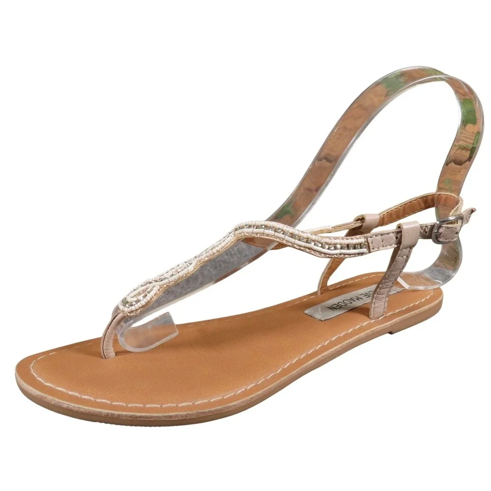 Steve Madden Pristine Womens 6.5 Nude Leather Thong Sandal Casual Dressy Flat